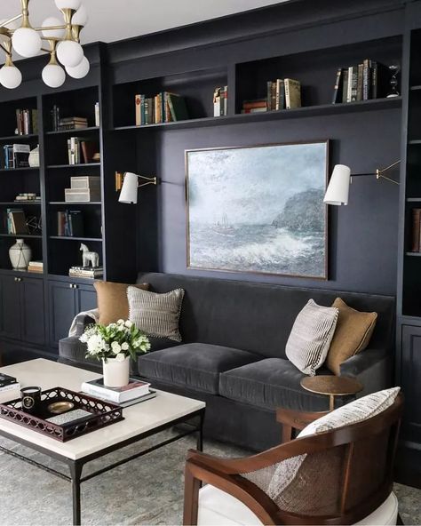 Office Formal Living Room Combo, Navy Walls Black Furniture, Small Den Storage Ideas, Speakeasy Basement, Oak Interior Design, Park And Oak, Finished Basement Designs, Downstairs Bedroom, Oak Interior