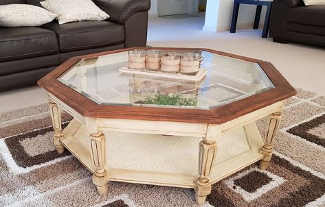 Octagon coffee table cream rustoleum java brown glaze Antique Makeover, Remake Furniture, Octagon Coffee Table, Coffee Table Restoration, Flipped Furniture, Tufted Ottoman Coffee Table, Coffee Table Redo, Furniture Refurbishing, Upcycled Furniture Before And After