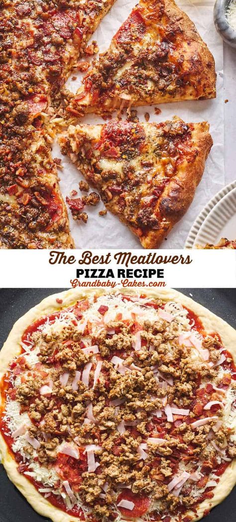 Meat Lovers Pizza All Meat Pizza Recipes, Meat Lovers Flatbread Pizza, Homemade Pizza Sausage, All Meat Pizza, Meat Lovers Pizza Recipe, Special Pizza Ideas, Homemade Meat Lovers Pizza, Homade Pizza Recipe, Italian Sausage Pizza Recipes