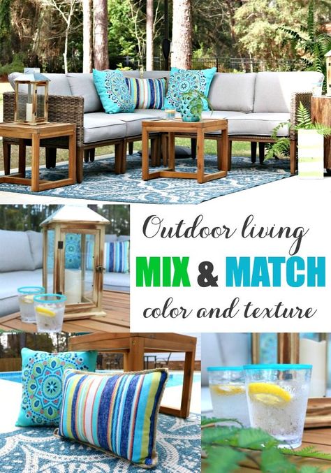 Patio Decorating Ideas Colorful, Outdoor Pillows Ideas Color Schemes Patio, Patio Colors Ideas, Pool Patio Color Schemes, Outdoor Patio Cushions Color Schemes, Open Patio Decorating Ideas, Patio Theme Ideas, Teal Patio Decor, Outdoor Color Scheme Patio Ideas