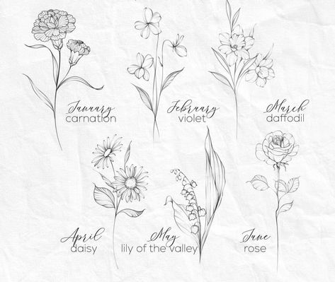 Realistic Birth Flower Tattoo, Minimalist Flowers Tattoo, Birthflower February Tattoo, Birthflower Zodiac Tattoo, Small Flowers Tattoo, April Flower Tattoo, Carnation Flower Tattoo, Violet Flower Tattoos, Tattoo Zodiac