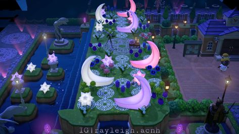 ACNH Stargazing Ideas Acnh Stargazing Area Ideas, Acnh Moon Garden, Acnh Zodiac Garden, Acnh Sitting Area Ideas, Celestial Animal Crossing, Acnh Astronomy Area, Acnh Futuristic Island, Acnh Star Gazing Area Ideas, Acnh Outer Space