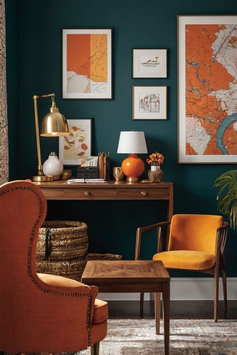 home decor interior design, interior bedroom design, kitchen designs, living room interior Orange Office Design, Spare Room Decor, Colourful Office, Orange Office, Productive Workspace, Showroom Ideas, Yellow Office, Sleek Furniture, Office Colors