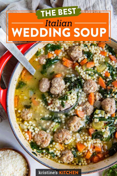 This Italian Wedding Soup has tiny meatballs, veggies and pasta in a flavorful broth. It's a hearty, comforting meal that the whole family will love. Skinnytaste Italian Wedding Soup, Quick Italian Wedding Soup, Ww Wedding Soup, The Best Italian Wedding Soup, Ww Italian Wedding Soup, Ina Garden Italian Wedding Soup, Dairy Free Italian Wedding Soup, Spicy Italian Wedding Soup, Italian Wedding Soup Freezer Meal