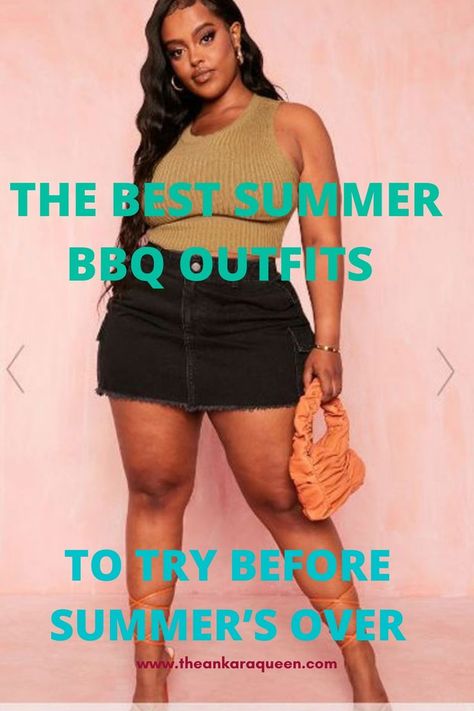 A young black and curvy model  with long black wavy hair wears  an olive tank top with a black mini denim skirt. She wears lace up heels and holds an orange handbag. Style A Denim Skirt, Summer Bbq Outfit, Cocktail Party Attire, Outfit Ideas For Black Women, Bbq Outfits, Outfits For Curvy Women, Maxi Denim Skirt, Outfits For Black Women, Curvy Fashionista