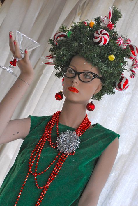 Favorite thing to decorate for the holidays is my mannequin Xmas Dress Up Ideas, Diy Christmas Hat Funny, Ugly Christmas Dress, Ugly Christmas Hat Ideas, Christmas Costume Party, Christmas Party Costume Ideas, Crazy Christmas Hat, Crazy Christmas Outfits, Ugly Christmas Sweaters