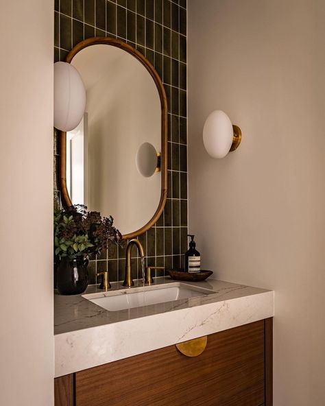 small bathroom ideas • Instagram Midcentury Modern Bathroom Design, Midcentury Modern Powder Room Ideas, Mid Century Powder Room Ideas, Midcentury Powder Room Ideas, Mcm Half Bath, 60s Inspired Bathroom, Mcm Powder Room, Cool Bathroom Vanity, Guest Powder Room Ideas