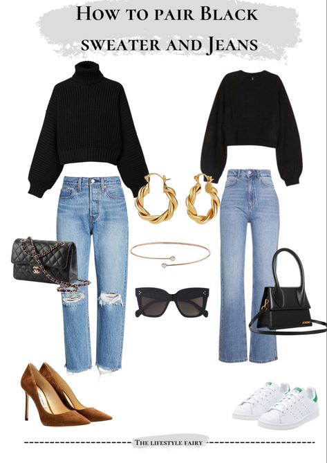 Black sweater and jeans outfit idea Jeans Black Sweater Outfit, Black Chunky Sweater Outfit, Black Sweater Jeans Outfit, Black Sweater Outfit Casual, Black Sweater Outfit Winter, How To Style Black Sweater, Black Sweater And Jeans Outfit, Chunky Sweater Outfit, Black Sweater Outfit