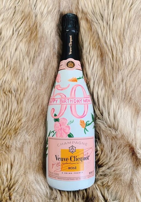 Painted 21st Bottle, Painted Bottle Birthday, 21st Birthday Painted Bottle, Birthday Painted Wine Bottle, Vueve Champagne Decor, How To Paint Champagne Bottles, How To Paint Wine Bottles, Painted Champagne Bottle 21st Birthday, Painted Champagne Bottle Birthday