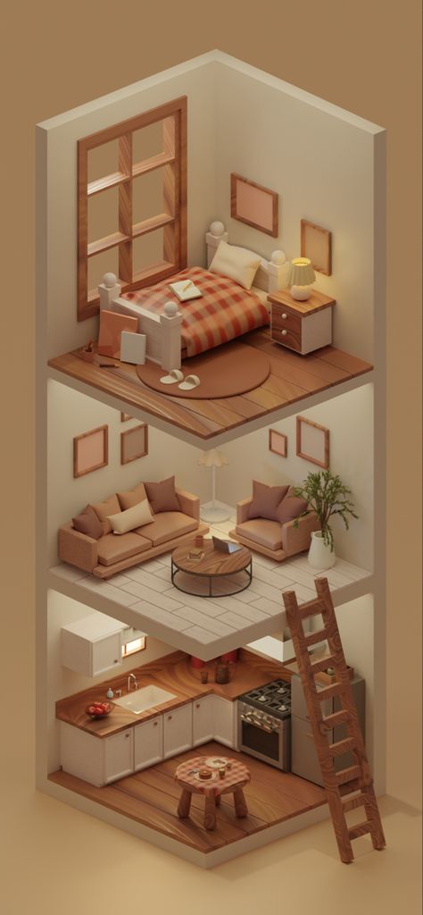 Blender House Design, Ide Rumah Minecraft Aesthetic, Bedroom Model Making, Blender Interior Design, 3d Isometric Design, 3d House, 3d Isometric Room, Isometric House, 3d Room