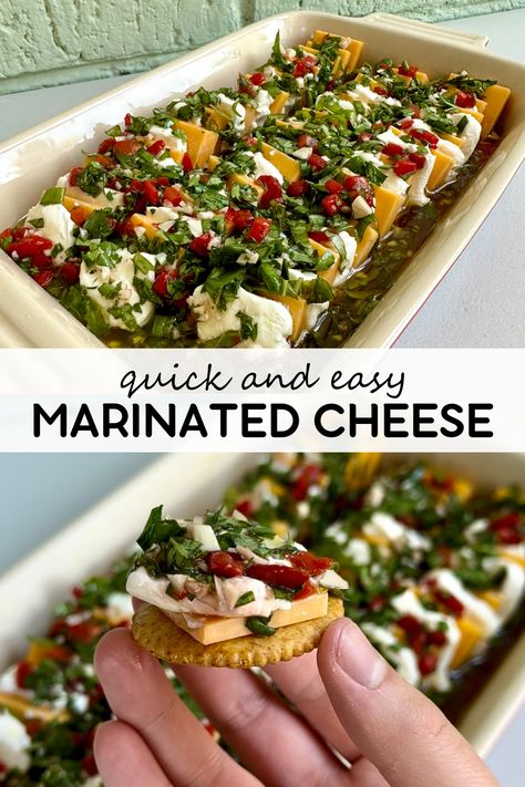 This simple marinated cheese appetizer is made with cheddar cheese, cream cheese, and marinated in an herby vinaigrette. Delicious served alongside crackers or pita chips! 12 Tomatoes Marinated Cheese Plate, Marinated Cream Cheese, Cheese And Cracker Appetizers, Cheese Gal Recipes, Cheese Dishes Appetizers, Marinated Cheddar Cheese, Marinated Cheese Recipe, Marinated Cheese Plate, Cracker Toppings Ideas