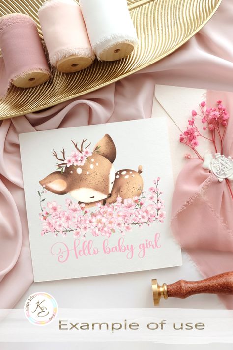 Hello Baby Girl PNG, Cute Deer, Spring, Baby announcement, sublimation, it's a girl, baby gender reveal, Deer Baby Shower Girl, Spring Baby Announcement, Girl Baby Announcement, Deer Theme, Deer Baby Showers, Baby Shower Napkins, Cute Deer, Flowers Png