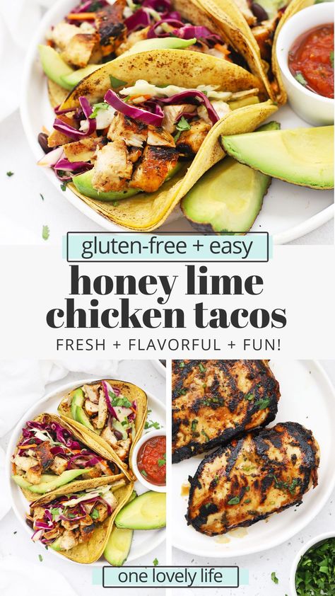 Honey Lime Chicken Tacos - Our honey lime chicken marinade gives these chicken tacos such delicious flavor. Don't miss our favorite toppings to add to these tasty tacos! (Gluten-Free) // Chicken Tacos recipe // Lime Chicken Tacos // Chili Lime Chicken Tacos // healthy chicken tacos // the best chicken tacos // grilled chicken tacos #tacos #chicken #tacotuesday #texmex Chicken Tenderloin Tacos, Chicken Tacos Healthy, Honey Lime Chicken Tacos, Best Chicken Tacos, Lime Chicken Marinade, Chili Lime Chicken Tacos, Chicken Taco Chili, Healthy Chicken Tacos, Tacos Chicken