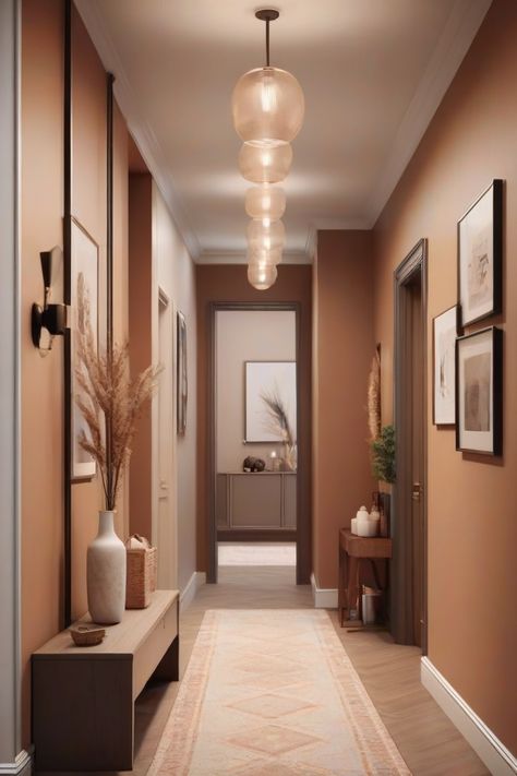 Discover the best color palettes that enhance the beauty of your hallway and make it more inviting.#ColorPalette #HallwayDesign #WarmWelcome #HomeDecor Comfy Color Palette, Rust Hallway, Beige Corridor, Hallway Terracotta, Tan Hallway, Hallway Color Ideas, Warm Hallway Colour Schemes, Cosy Hallway, Terracotta Hallway