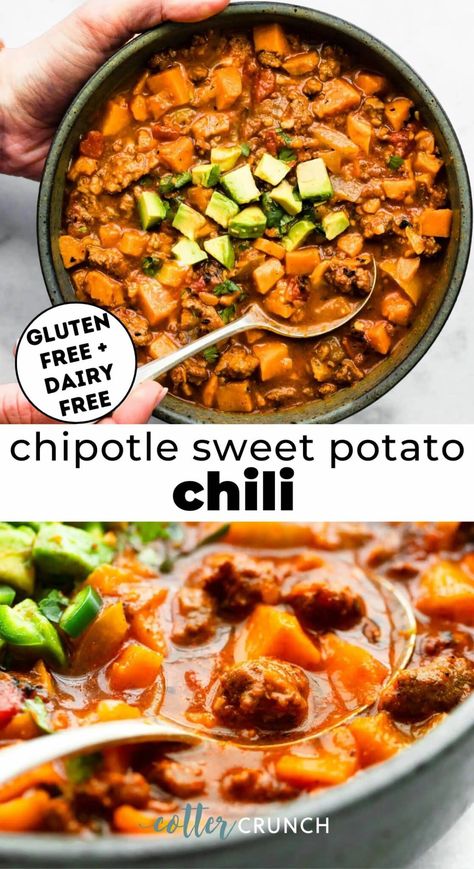 Chipotle Sweet Potato Chili! This beanless slow cooker sweet potato chili is healthy but hearty, with an extra kick of spice! Made with simple ingredients you probably have on hand, it’s a paleo-friendly, gluten-free chili that requires minimal prep work and comes together with ease. Stovetop Option. Chipotle Chili Recipe, Sweet Potato Chili Recipe, Crock Pot Sweet Potatoes, Paleo Menu, Homemade Chili Recipe, Potato Chili, Paleo Chili, Slow Cooker Sweet Potatoes, Low Carb Chili