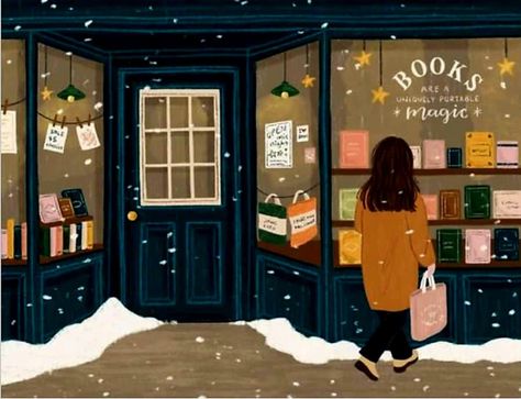 Cosy Bookshop, Bookshop Café, People Reading, Winter Illustration, Book Cafe, Book Shop, Dessin Adorable, Dreamy Art, Christmas Illustration