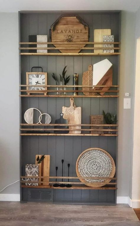 Furniture Built Into Kitchen, Small Kitchen Wall Storage Ideas, Large Blank Wall In Kitchen, Side Of Pantry Cabinet Ideas, Recessed Shelves Kitchen, Industrial Kitchen Decor Ideas, Wood Kitchen Accents, Kitchen Blank Wall Ideas, Kitchen Niche Ideas