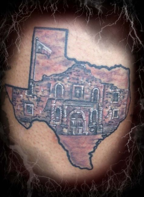 Texas Alamo Tattoo Black and Grey Alamo Tattoo, Theme Tattoos, Texas Tattoo, Chucky Tattoo, State Tattoos, 50 Tattoo, Mayan Tattoos, Texas Theme, Texas Tattoos