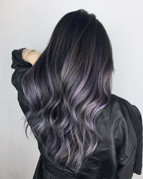 Ash Purple Highlights, Silver Balayage On Brown Hair, Ash Purple Highlights On Dark Hair, Smokey Purple Balayage, Smokey Purple Hair Balayage, Ash Brown Purple Balayage, Smoky Purple Hair, Silver Balayage On Dark Hair, Dusty Purple Highlights