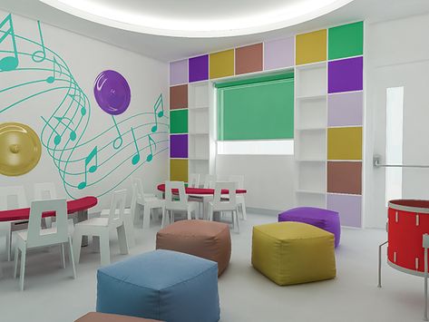 Kids Music Room on Behance Kids Music Room, Music Room Design, Music Classroom Decor, School Decoration, Kids Interior Design, Music Room Decor, Kids Music, How To Fold Towels, School Decor