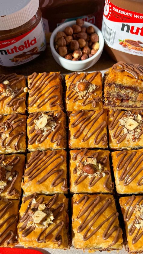 SCARLETT HOLMES🌟easy recipes! | NUTELLA BAKLAVA❤️🥰🫶 Probably my new favourite dessert!!! Crispy buttery filo pastry sheets, roasted halzelnuts & delicious Nutella.... | Instagram Nutella Baklava, Nutella Recipe, Baklava Recipe, Instagram Recipes, Lebanese Food, Filo Pastry, Dough Recipes, Pastry Sheets, Lebanese Recipes