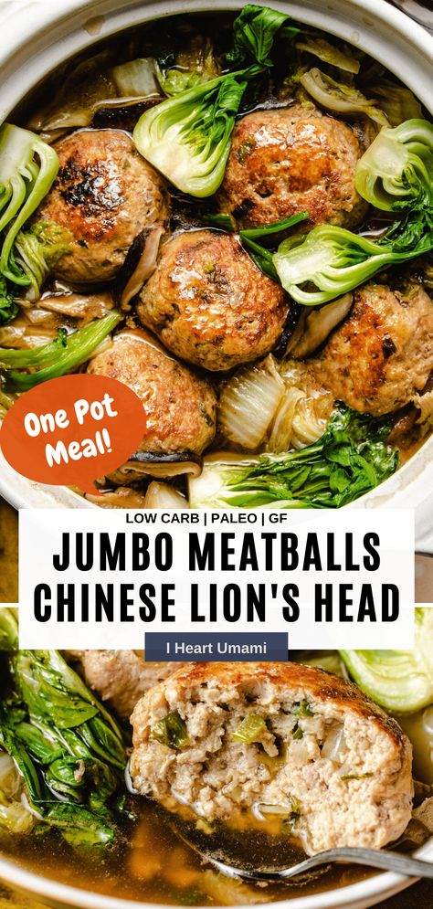 Chinese Lion’s Head Meatballs braised with cabbage. These Asian pork meatballs are soft, juicy, and paleo, gluten-free, and keto! #meatballs #asianmeatballs #stew #cabbage #pork #keto #whole30 #paleo #glutenfree #glutenfreedairyfree Lion Head Meatballs Chinese, Asian Meatball Soup Recipes, Lions Head Meatballs Napa Cabbage, Asian Meatballs Soup, Lions Head Meatball, Chinese Pork Meatballs, Meatballs With Cabbage, Chinese Meatballs, Cabbage Pork