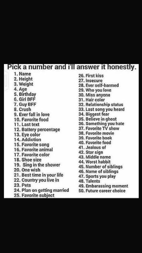 Pick A Number, Preteen Clothing, Honey Toast, Who You Love, Biggest Fears, Information And Communications Technology, Relationship Status, First Kiss, Book Addict