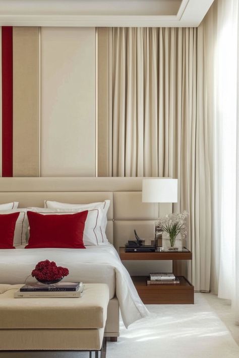 Cream and red bedrooms offer a classic and elegant combination. Discover 20 stunning designs to inspire your next makeover. Find ways to incorporate this timeless color palette for a space that feels both sophisticated and cozy. Cream Colored Bed, Red Nightstand, Red Bedrooms, Red Headboard, Cream Bedroom Ideas, Red Dresser, Red Accent Wall, Cream Bedroom, Red Picture Frames