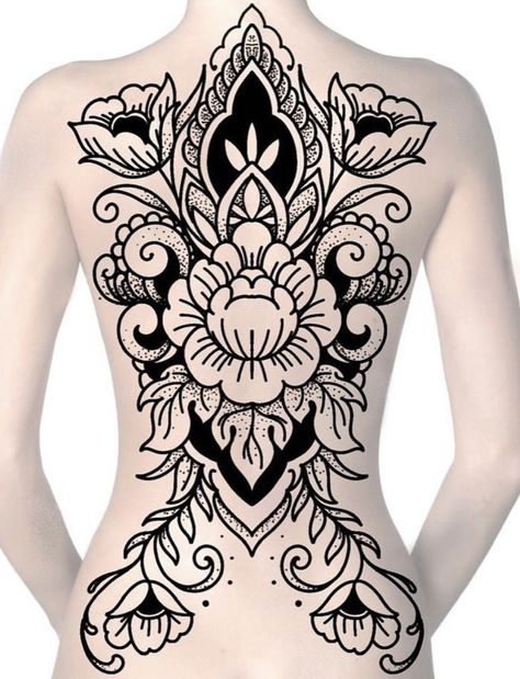 Large Traditional Back Tattoo, Full Back Tattoo Mandala, Ornamental Back Tattoo Women Design, Black And Grey Back Piece Tattoo, Large Ornamental Tattoo, Ornate Back Tattoo, Back Tattoo Stencils For Women, Back Pieces For Women Tattoo, Ornamental Tattoo Design Mandalas