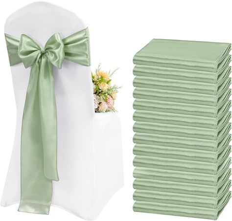 Purchase 50 pieces sage green satin chair sash bows. The chair sashes are 18 x 275 cm. DIY to tie the bow yourself. Shiny chair bows have a good decorative effect and create an elegant and romantic atmosphere. Ideal for wedding reception table centerpieces. Sage Green Wedding Table Setting, Sage Green Decor, Reception Table Centerpieces, Wedding Reception Party, Chair Bows, Chair Ties, Chair Sash, Sage Green Wedding, Chair Sashes