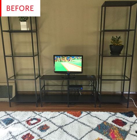 Before and After: A Brand New Look for A Plain IKEA VITTSJÖ | Apartment Therapy Ikea Vittsjo Hack, Vittsjo Hack, Tv Stand Hack, Ikea Area Rugs, Classic Family Room, Coffee Table And Side Table Set, Ikea Vittsjo, Coffee Table And Side Table, Ikea Tv