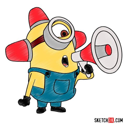 How to draw minion Carl with a loudspeaker - Step by step drawing tutorials Minions Doodle Art, Minons Drawings, How To Draw Minions, Minion Drawing Cute, Minion Art Paintings, Minions Drawing, Minion Painting, School File, Minion Drawing