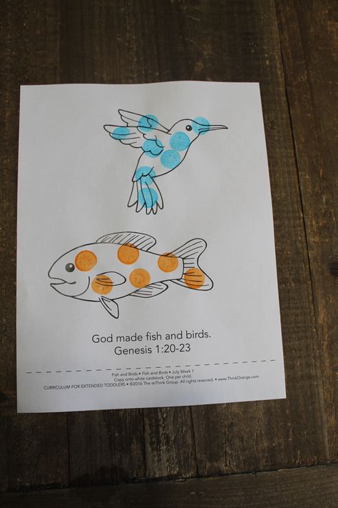 July, Week 1, Fish and Birds sample, Toddlers God Made The Birds And Fish Craft, Bird And Fish Creation Craft, God Made Fish And Birds Craft, God Created Fish And Birds Craft, Awana Puggles, Toddler Sunday School, Preschool Bible Lessons, Preschool Units, Science Club