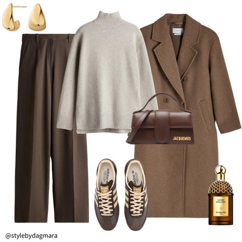 An idea for a casual style and of course with brown 🤎🍁 Sweater @hm no.0992208028 Pants @hm no.1176512025 Shoes @adidasoriginals SL 72 OG Coat @reserved no.0231P-84M Bag @jacquemus The Bambino Perfume @guerlain Epices Exquises Earrings @bizuteriayes no.FA19649 #fallstyle #falloutfits #autumcolors #brownstyle #ootdfashion #virtualstylists #virtualstyle #brownoutfit #adidasoriginal #guerlainperfumes #hmstyle #howtostyle #fashıonstyle #casualstyles #myinspiration❤️ #autumnvibes🍁 #autumn #autumo... Brown Sweater Outfit, Brown Top Outfit, How To Style Brown Pants, Sweater Hm, Bag Jacquemus, Polished Casual, H&m Fashion, Classy Winter Outfits, Stylish Winter Outfits