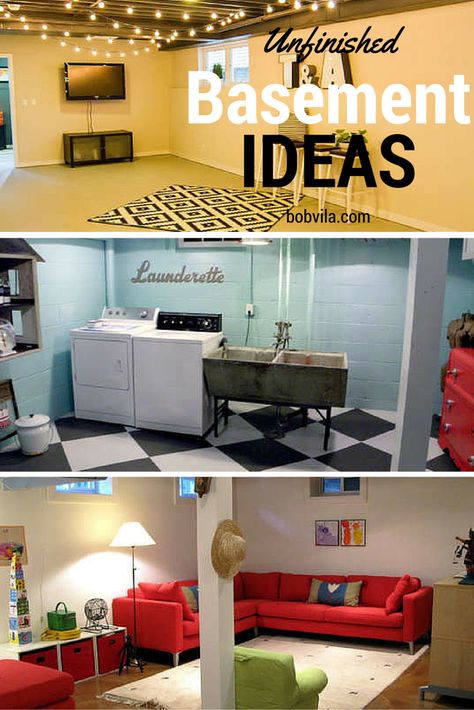 Even without a big budget for a basement remodel, you can make some small changes to an unfinished basement to make it into a space you can spend some time. These are some relatively easy ideas to implement. Basement Decoration, Dream Basement, Basement Remodel Diy, Basement Laundry, Diy Basement, Basement Apartment, Basement Makeover, Small Basements, Basement Ceiling