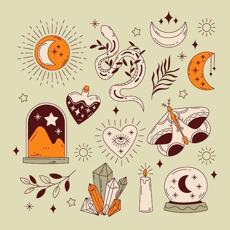 Free vector hand drawn celestial element... | Free Vector #Freepik #freevector #pack #elegant #set #collection Magic Icons Aesthetic, Celestial Drawings, Mystical Plants, Celestial Style, Surface Pattern Design Inspiration, Mystic Illustration, Spiritual Wall Art, Pattern Design Inspiration, Pagan Witchcraft