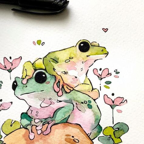 3 Frogs Drawing, Tree Frog Watercolor, Frog Drawing Watercolor, Watercolor Frog Cute, Frog Gouache, Two Frogs Drawing, Frog Watercolor Paintings, Frog Illustration Cute, Cute Frogs Art