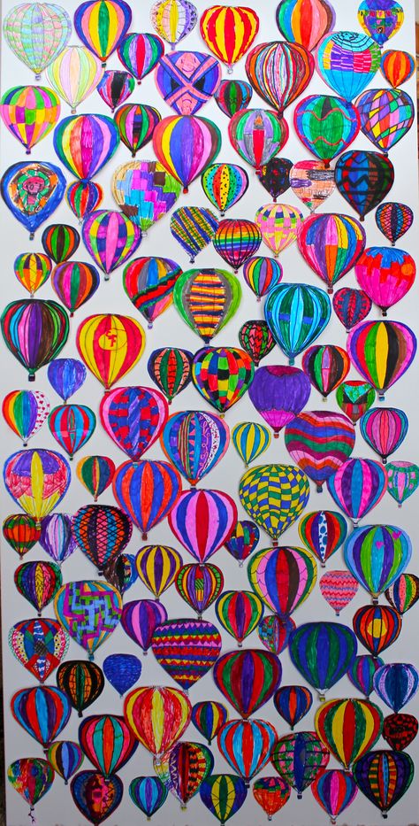 3rd grade art project. Kids decorated 3 different sizes of hot air balloon using markers. Balloons were mounted to a canvas using varying layers of foam tape to create dimension. Collaborative Art Projects For Kids, Art Auction Projects, Group Art Projects, Class Art Projects, Collaborative Art Projects, School Auction, Auction Projects, 3rd Grade Art, Art Projects For Kids