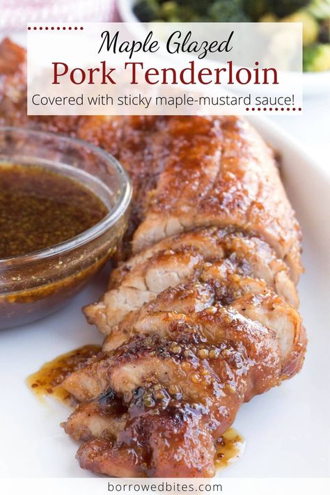 This addictive Maple Glazed Pork Tenderloin recipe makes moist, tender pork covered in a sweet, sticky maple syrup sauce. Made in a cast iron skillet, it’s an amazing main dish that gets rave reviews every time! Plus it is the perfect dish for entertaining and holidays. #mapleglazedporktenderloin #porktenderloin #recipes #maplesyrup #mustard #Christmasdinner #Thanksgivingdinner #castironrecipe #maindish #dinnerforcompany #dinnerparty #dinnerguests #yummy #impressive #entertaining #dinner Outback Pork Tenderloin Recipe, Pork Glaze Recipes Simple, Pork Loin Dinner Recipes, Pork Tenderloin Glaze Recipes, Pork Loin End Roast Recipes, Mustard Sauce For Pork Tenderloin, Pork Tenderloin Sauce Recipes, Fall Pork Tenderloin Recipes, Pork Tenderloin Dishes