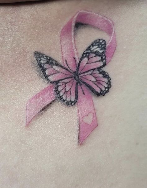 Butterfly With Pink Ribbon Tattoo, Ribbon And Butterfly Tattoo, Mastectomy Scar Tattoo Ideas, Pink Ribbon Butterfly Tattoo, Ribbon Tattoos Awareness, Butterfly Ribbon Tattoo, Chemo Port Scar Tattoo, Ribbon Butterfly Tattoo, Port Tattoo