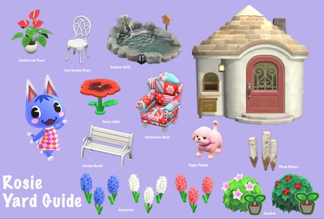 Rosie Gift Guide Acnh, Acnh Rosie's Yard, Rosie Acnh Yard, Acnh Rosie's House, Acnh Cats, Acnh Rosie, Rosie Acnh, Animal Crossing Rosie, Acnh Characters