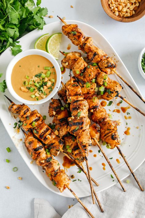 Chicken Satay with Peanut Sauce Satay Chicken Bowl, Air Fryer Chicken Satay, Peanut Satay Chicken, April Dinners, Satay Marinade, Chicken Satay With Peanut Sauce, Classy Food, Peanut Satay, Chicken Satay Skewers