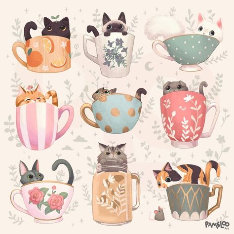 Teacup Tattoo, Pattern Design Inspiration, Ipad Drawings, Funny Cat Pictures, Kitty Cats, Illustration Artists, Childrens Illustrations, Cat Illustration, Cat Drawing