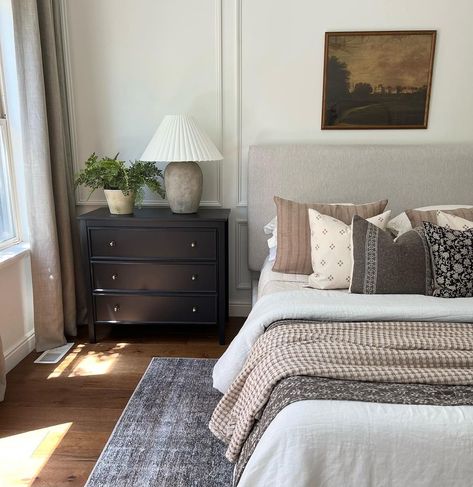 Black Brown Bedroom Furniture, Charcoal Wall Bedroom, Farmhouse Bedroom Dark Wood, Bedroom Inspirations Master Dark Wood Furniture, Transitional Farmhouse Bedroom, Modern Bedside Table Decor, Dark Gray Bed Frame Bedroom Ideas, Light Brown Bedroom Furniture, Dark Furniture Bedroom Ideas