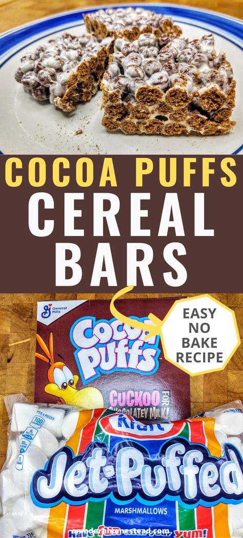 You will go Cuckoo for these delicious Cocoa Puffs Cereal Bars. This easy, no bake recipe combines everyone's favorite chocolate cereal with their favorite dessert; Rice Krispie Treats! #nobakedesserts #easydesserts #ricekrispietreats Coco Puffs Rice Crispy Treats, Cocoa Puff Treats, Cocoa Puffs Treats, Coco Puff Rice Krispie Treats, Coco Puff Treats, Cocoa Puff Rice Krispie Treats, Cocoa Puffs Recipes, Coco Puffs Recipe, Strange Recipes