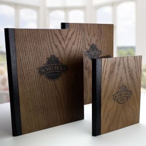 Wooden Menu Covers / Original wood menus from Menushop Wooden Menu Cover, Wood Menu Design, Display Folder, Wood Menu, Folder Holder, Menu Card Design, Woods Restaurant, Menu Covers, Home Wine Cellars