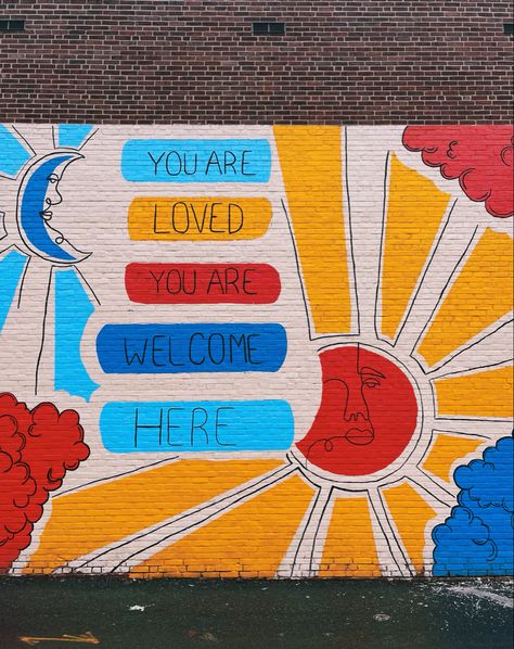 Pride Mural Ideas, School Bathroom Murals, School Office Murals, Inspirational Wall Murals For Schools, Affirmation Wall Mural, Diversity Mural Art Projects, Mural Art For School, Calming Mural Ideas, Positive Mural Art