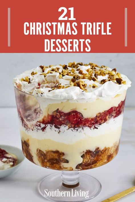 No Southern holiday spread is complete without at least one holiday dessert trifle dish, and these trifle recipes will be the star of your holiday dinner. Serve up a bowlful of cheer with our delicious and decadent holiday trifle recipes. #christmasdessert #dessertrecipe #trifle #christmastrifle #southernliving Holiday Trifle Desserts, Gingerbread Apple, Christmas Trifle Recipes, Raspberry Trifle, Showstopper Dessert, Pudding Cakes, Christmas Trifle, Trifle Pudding, Trifle Dish