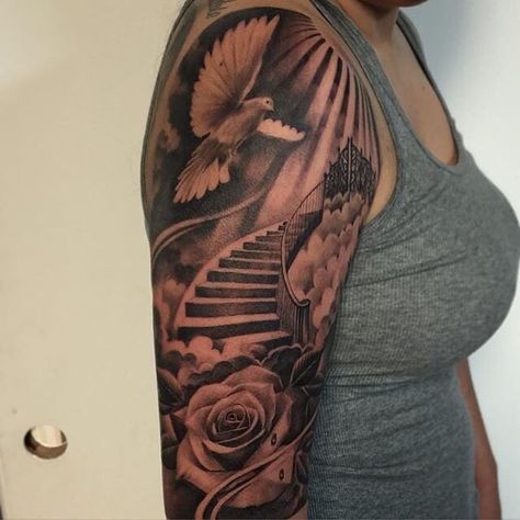 Memorial Tattoo Sleeve Ideas, Womens Memorial Sleeve Tattoo, Heaven Tattoos For Women, Half Sleeve Remembrance Tattoos, Memory Sleeve Tattoos For Women, Rip Portrait Tattoo Ideas, Christian Memorial Tattoos, Memorial Half Sleeve Tattoos, Memorial Tattoos Mom Sleeve