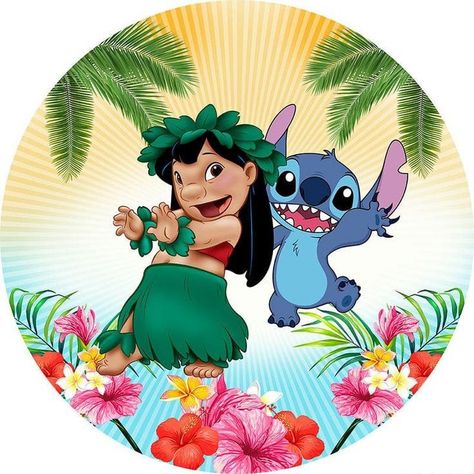 Photo Decorations, Diy Cake Topper Birthday, ليلو وستيتش, Stitch Cake, Happy Birthday Backdrop, Banner Diy, Hawaiian Birthday Party, Round Backdrop, Lilo Y Stitch